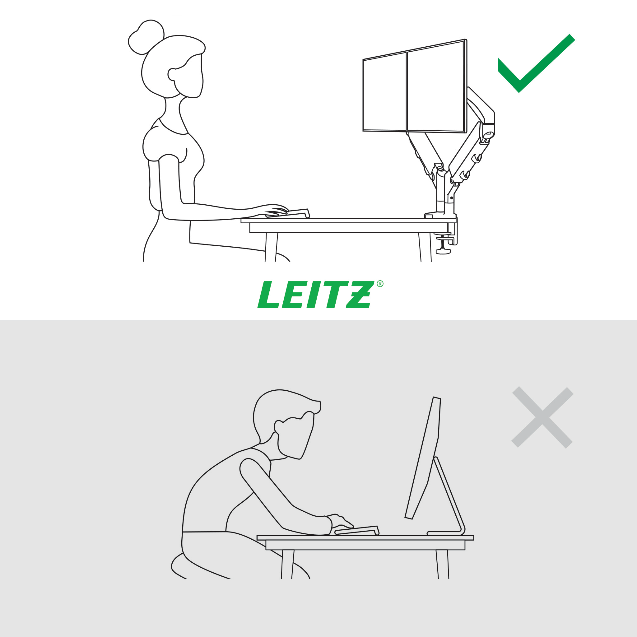 Leitz-illustration af skærmplacering med monitorarm.