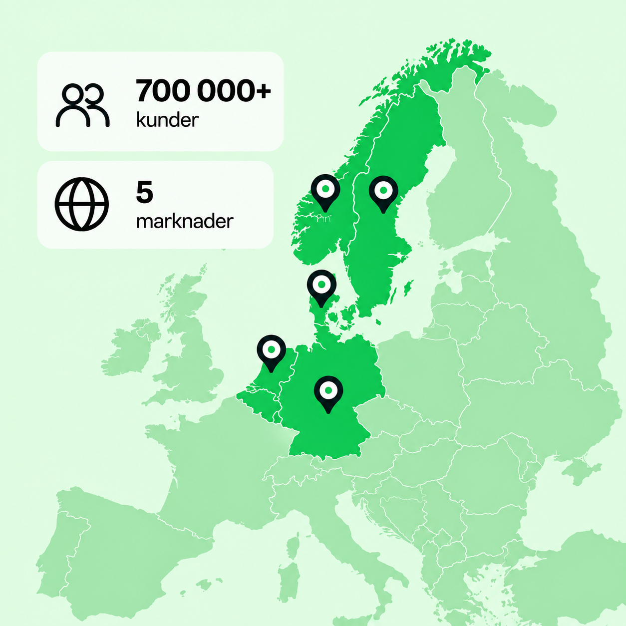 Karta över Ondios fem marknader i Europa med över 700 000 kunder