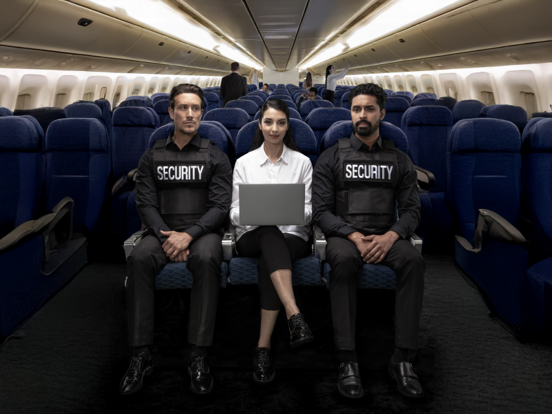 Kvinna med laptop på ett flygplan, med två säkerhetsvakter bredvid sig